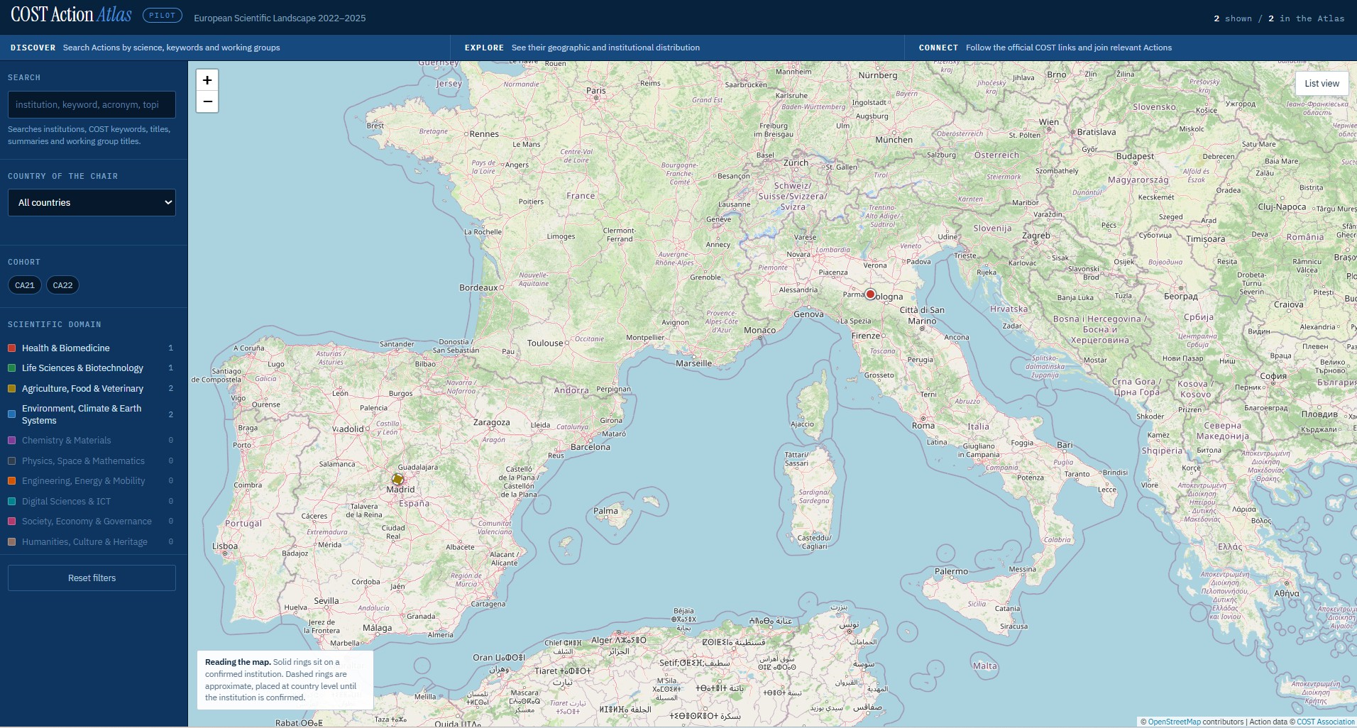 COST Action Atlas pilot: European map with Actions plotted by chair institution