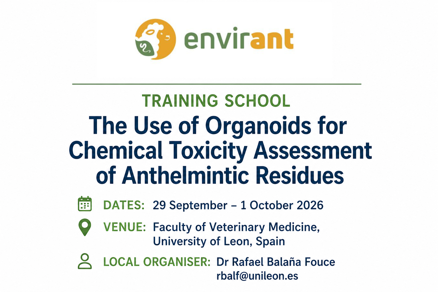 Training School: The Use of Organoids for Chemical Toxicity Assessment of Anthelmintic Residues (29 September – 1 October 2026 | Faculty of Veterinary Medicine, University of León, Spain)