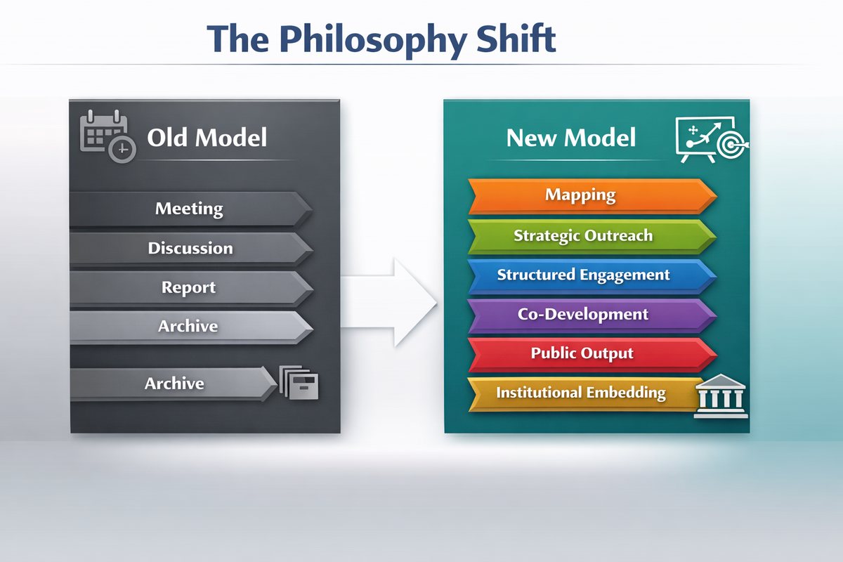 Diagram contrasting an old model of meeting, discussion, report and archive with a new model of mapping, strategic outreach, structured engagement, co-development, public output and institutional embedding.