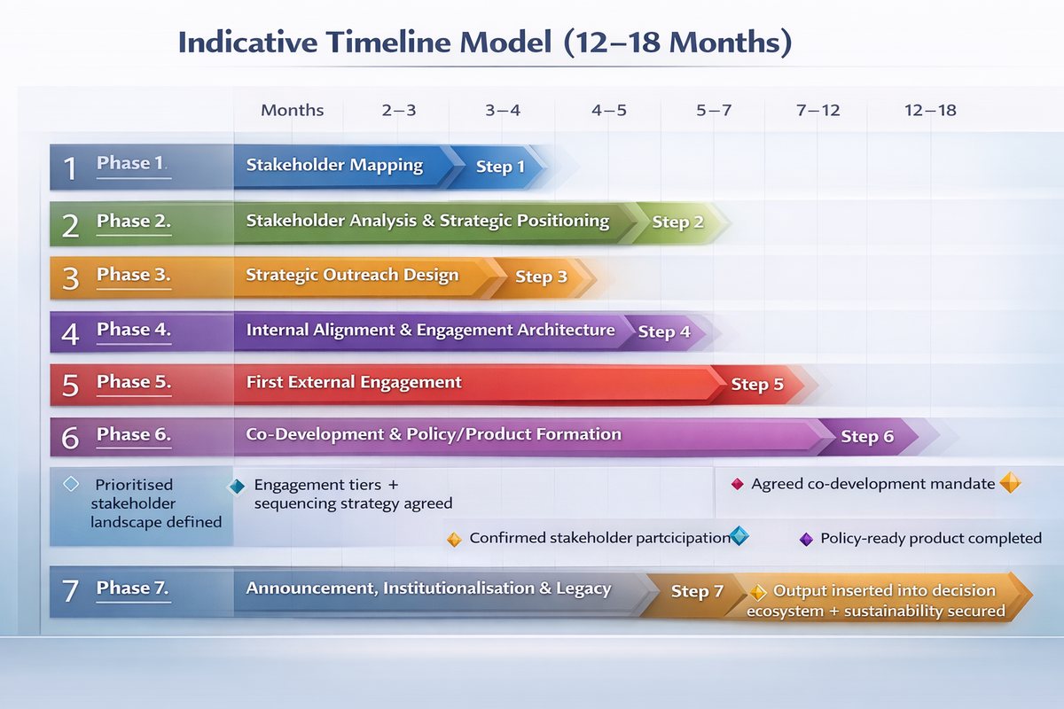 Timeline chart placing the seven phases across 18 months, with checkpoints for stakeholder landscape defined, engagement tiers agreed, confirmed participation, co-development mandate, policy-ready product and output inserted into the decision ecosystem.